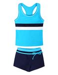 AmzBarley Girls Swimming Costume Two Piece Swimsuit Childs Kids Tankini Set Bathing Suit Racer Back Tops Swim Shorts Swimwear Summer Beach Holiday Sports Wear Vacation Clothes Blue