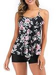 FLYILY Women 2 Piece Tankini Swimsuits Flounce Printed Top with Boyshorts Plus Size Swimwear Bathing Suit (PinkFlower, XL)