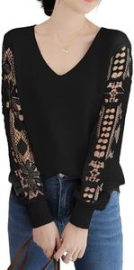Qin Derdom Suéter de Encaje para Mujer - Jersey Elegante con Cuello en V y Ojales de Crochet, Manga Larga, Camisa de Punto Liviana con Huecos