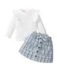 Qiraoxy Baby Girl Clothes Long Sleeve Ribbed Ruffle Tops Shirts Plaid Skirt Fashion Set 2Pcs Toddler Kids Girl Fall Winter Outfits 3-4 Years