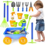 deAO Pull along Kids Wagon Wheelbarrow and Gardening Tools Play Set Includes 10 Accessories and 4 Plant Pots