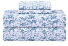 Feather & Stitch Softest 100% Cotton Sheet Set, 4 Pc 300 Thread Count Percale Weave Bedding, 16" Deep Pocket, Cooling Sheets, Breathable Bed Set (Blue Floral)