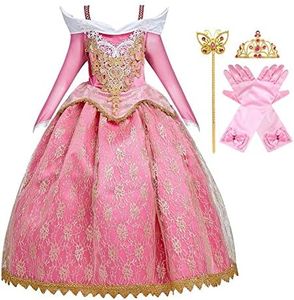 FMYFWY Girls Aurora Princess Dress Embroidered Lace Sleeping Beauty Fancy Dress Up Halloween Christmas Birthday Gown w/Accessories 3-4T