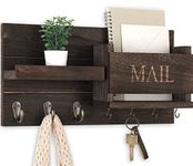 Lwenki Mail Organizer for Wall Mount – Key Holder with Shelf Includes Letter Holder Hooks for Hallway Kitchen Farmhouse Decor – Rustic Wood with Flush Mounting Hardware (16.5” x 9.1” x 3.4”) (Brown)