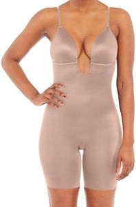 SPANX SPANXshape Suit Your Fancy Plunge Low-Back Mid-Thigh Bodysuit - Comfortable One Piece - Medium Compression - Seamless - Cafe Au Lait - XS