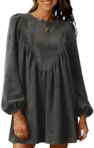 Huaqiao Womens A-Line Faux Suede Peplum Pleated Babydoll Mini Dress Casual Long Sleeves Crew Neck Swing Dress(Darkgrey-XS)