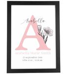 New Born Baby Girl Wall Art Gift | Personalised Name, Birth Date, Time and Weight | A3 A4 A5 Wood Effect Frames