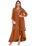 GUKARLEED 2 Pieces Mother of The Bride Dresses with Jacket for Wedding 3/4 Sleeve High Low Lace Applique Formal Evening Gown, Burnt Orange, 22 Plus