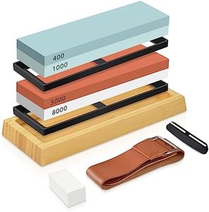 Whetstone Knife Sharpening Stone kit, Sharpening Stones Includes 4 Side 400/1000 /3000/8000 Grit, Knife Sharpener with Nonslip Bamboo Base, Angle Guide,Leather Strop,Flattening Stone