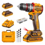 INGCO 20V Cordless Impact Drill 66NM, Brushless Motor, 22+1+1, 30000 bpm, Electric Drill With 2Pcs Battery And Charger, 47 Pcs Drill Bits, Packed by Carrying Case