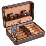 Travel Cigar Humidor Case - Portable Cigar Box with Humidifier Disc & Cigar Cutter Leather Cedar Wood Cigar Case Case Portable Cigar Box with Humidifier Disc Cigar drill＆ Cigar Cutter(4 Cigars) Brown