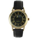 Peugeot Men's 14k Gold Plated Vintage Leather Dress Watch, Black/Black Strap, Modern