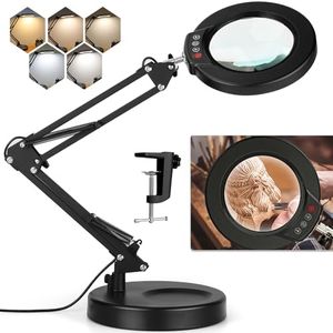 10X Magnifying Glass with Light, Krstlv Upgrade Button 5 Color Modes Stepless Dimmable 2-in-1 LED Lighted Desk Lamp & Clamp, Hands Free Magnifier with Light and Stand for Craft Hobby Repair Close Work