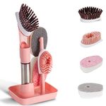 KJKVIVH Dish Cleaning Brush-Soap Dispensing Dish Brush Set & 4 Replacement Heads Storage Holder for Dish Pot Pan Sink-Pink