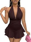 SOLY HUX Women's Ruched Ruffle Hem Halter Romper Sleeveless High Waist Sexy Short Jumpsuits Plain Brown Medium