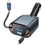 OHLPRO 4 in1 Retractable Car Charger, 80W Fast Charging Retractable Type-C & Lightning 31.5'' Cables and Dual Port USB C/USB A for iPhone 16/15/14/13/12 Pro Max Plus,iPad,AirPods, Galaxy,Google