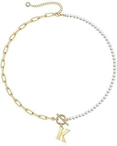 Dainty Pearl Choker Necklaces for Women, 14K Gold Plated Paperclip Link Chain Necklace Toggle Clasp Necklace Initial Necklaces Gold Jewelry for Women Letter K