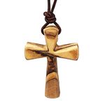 Tapered Solid Wood Cross Necklace Crucifix Pendant for Women Men Boys & Girls on Adjustable Long Brown Leather Cord - Wooden Cross Pendant Spiritual Gift from Bethlehem