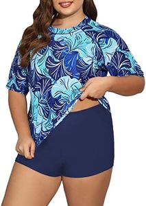 ALLTOKE Women's Two Piece Plus Size Rash Guard Short Sleeve Swim Shirt with Boy Shorts Bottom Swimsuit UPF 50 Bathing Suit, Blue Leaf+navy Bottoms 1, 2X