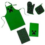 Minecraft Green Creeper Kitchen Set For Baking, BBQ Grilling | Includes Cooking Apron, Oven Mitt, Dish Towels, Pot Holder