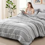 Bedsure Queen Comforter Set 7 Pieces, Grey White Striped Comforter for Queen Size Bed Reversible, Cationic Dyeing Bed in a Bag with Comforter, Sheets, Pillowcases & Shams