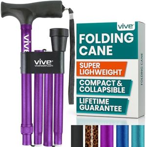 Vive Folding Cane - Foldable Walking Cane for Men, Women - Fold-up, Collapsible, Lightweight, Adjustable, Portable Hand Walking Stick - Balancing Mobility Aid - Sleek, Comfortable T Handles (Purple)