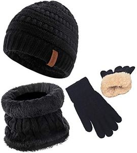 Girls Winter Hat Scarf Gloves Set for Cold Weather, Kids Beanie Hat Infinity Scarf Knitted Gloves Sets Black Knit Thick Warm Fleece Lined Thermal Set for 6-10 Years Old Boy Baby Toddler Children