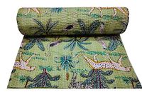 Indian-Shoppers Bohemian Quilt Bedroom Décor Throw Blanket Indian Animal Printed Bedspread Cotton Double Size Kantha Quilt Bedding Coverlets, Green, 108 inches x 90 inches Inches { 274 x 228 CM }