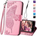 KRHGEIK Wallet Case for iPhone SE 2020/SE 2022/iPhone 8/iPhone 7,Women Butterfly Embossed PU Leather Stand Card Holder Slots Wrist Strap Flip Cover for iPhone 6/6S/7/8/SE 2nd/SE 3rd Gen (Pink)