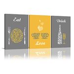 Yellow and Grey Modern Kitchen and Dining Room Wall Art Decor Abstract EAT DRINK LOVE Theme Canvas Prints for Coffee Bar Restaurant Cafe or Home Decoration Pictures Framed Ready to Hang, Set of 3