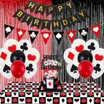 Casino Birthday Party Decorations - Poker Balloon Tablecloth Happy Birthday Banner Bunting Flags Cake Topper, Red Black White Foil Fringe Curtains, Casino Games Night Las Vegas Party Supplies