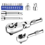 WORKPRO 2-Piece Stubby Handle Ratchet Set with 14 Accessories, 1/4" Dual Socket Short Ratchet Handle with Bit Driver Head, 3/8" Socket Wrench with Flexible Head, Reversible Ratchet 72-Teeth