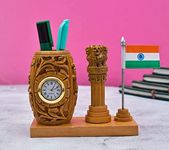 Ansh Outlet Stylish Wooden Pen stand with Clock Ashok Stamb for office/study table decoration items/Teachers Day Gift/Republic Day Gifting (5 Inches)