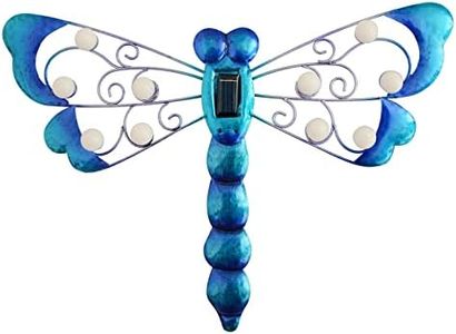 BVLFOOK Metal Dragonfly Solar Lighted Wall Art Decor - Outdoor Dragonfly Garden Decor with Fence Patio Lamp