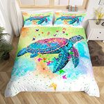 Sea Turtle Bedding Set King Size,Watercolor Tortoise Butterfly Duvet Cover Set for Children Xmas Bedroom Present, Girly Dreaming Style Microfiber Comforter Cover with 2 Pillowcases