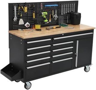GAOMON 61-inch Rolling Tool Chest, 10 Drawers Garage Workbench Storage Tool Cabinet with Power Strip, Solid Rubber Wood Top, 1675 LBS Load Mobile Workstation, Heavy Duty Rolling Cabinet