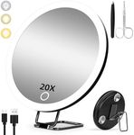 Suupvaor 20X Magnifying Mirror with Light, Lighted Magnified Mirror with 3 Suction Cups and 360° Table Stand, Rechargeable 3 Colors Dimming Large 15cm Vanity Makeup Mirror with Tweezers & Scissors