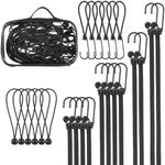 PRETEX 12 Bungee Cords with Hooks - Long Cord Rope Pack in 6 Colors and Lengths - Strong Elastic Straps w/Heavy Duty Hooks - Bungees Pack for Various Cargo (Black, 24pcs Mixed Set)