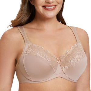 MELENECA Women's Minimizer Bra Full Coverage Plus Size Underwire Lace Comfort Cushion Strap Beige 36G