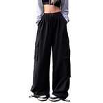 Linsennia Y2k Parachute Pants Wide Leg Cargo Trousers Women Baggy Girls Cargo Pants Loose Fit Elasticated Waist Streetwear (Black,XL)