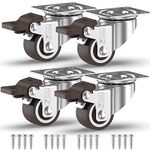 GBL Heavy Duty Castor Wheels with 4 Brakes + Screws - 25mm up to 40KG - Pack of 4 No Floor Marks Silent Caster for Furniture - Rubbered Trolley Wheels - Silver Castors