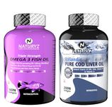 Naturyz Triple Strength Omega 3 Fish Oil 2500mg with Highest Strength (EPA 1200mg DHA 800mg) & Imported Icelandic COD Liver Oil Combo Pack for Immunity Skin Eye Muscle Joint Health