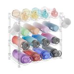 PouHenier.jh Stackable Water Bottle Rack Organizer for Cabinet Tumbler Storage, Large Plastic Bottle Organization Shelf for Kitchen Pantry Countertop, Stable for 40 oz with 2 Hooks (4 Packs Hold 16)