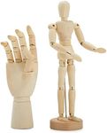 7" Wooden Hand Model and 8" Posable Wooden Mannequin Figure for Drawing, Adjustable Art Supplies (2-Piece)