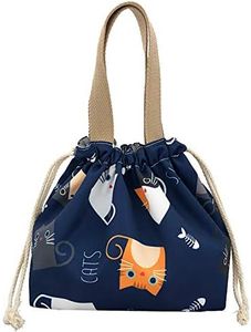 enyuwlcm Mini Lunch Tote Pouch Reusable Small Cute Lunch Bag with Drawstring Suitable for Girls Women Cat Blue