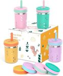 Tronco Stainless Steel Sippy Toddler Cups, 10 oz Mason Jar Kids Smoothie Cups with Silicone Sleeves and Straws, Spill Proof, BPA-Free