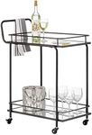 mDesign Metal Vintage Beverage Rolling Cart for Home - 2-Tier Serving Bar Trolley with Easy-Glide, Rotating Wheels, Built-in Handle, and Glass Shelves for Wine and Craft Beer - Black