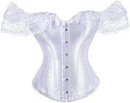 SHYMMUO Satin Overbust Corset Top Lace Up Off Shoulder Sleeves Body Shaper Bustier, White Satin, 4X-Large