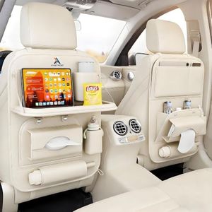 FASTAGEI 2 Pack Universal Premium Leather Foldable Car Backseat Organizer with Table Tray, Car Seat Back Protector with Garbage Bag Touch Screen Pad Holder, Car Kick Mats with Tissue Box (Beige)