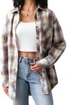 CHYRII Womens Button Down Flannel Shirts Long Sleeve Plaid Shacket Business Casual Blouse Tops 7157-Caramel+Blue S